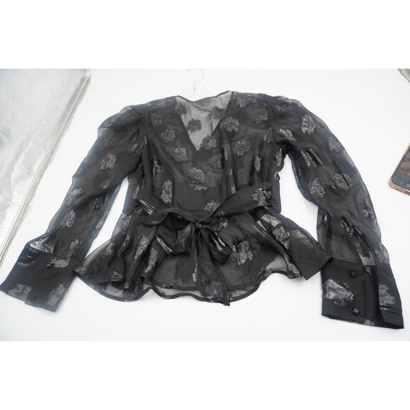 Bar III Black Sheer Metallic Burnout Floral Wrap V-Neck Waist Top Blouse Size M - Picture 8 of 8